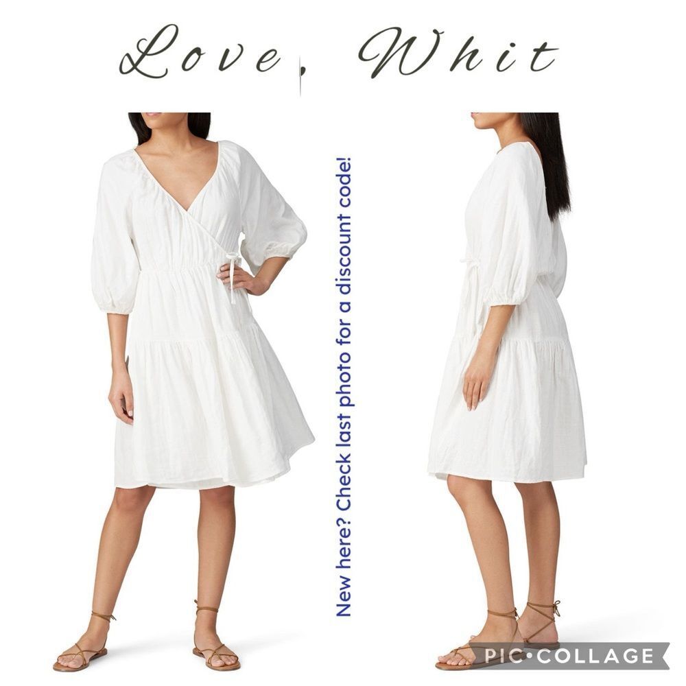 Love, Whit | White Puff Sleeve Wrap‎ Cotton Dress in White, Size Small